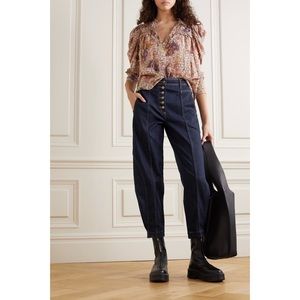 Ulla Johnson Keaton Jeans High Rise Button Fly Barrel Peg Leg Ankle Dark Wash 0